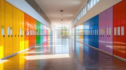 Obraz premium Colorful Lockers in Modern Hallway with Reflections