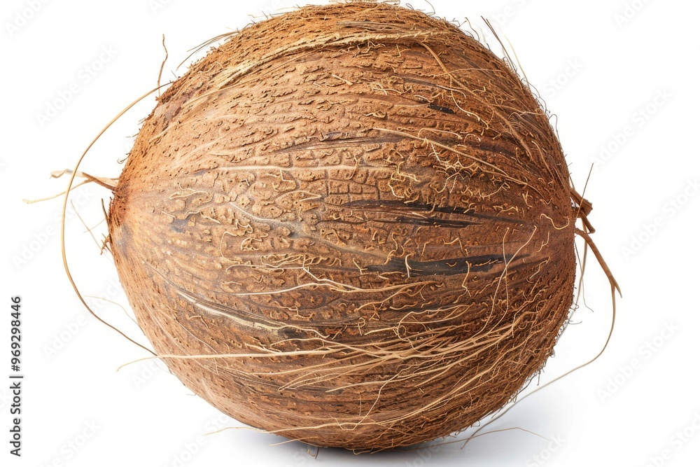 Poster a close-up shot of a single coconut on a white background