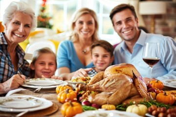 Obraz premium A warm and cozy scene of a family gathered around the table for their Thanksgiving feast, surrounded by traditional holiday elements