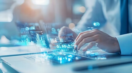 Businessman Analyzing Data on Laptop with Holographic Interface