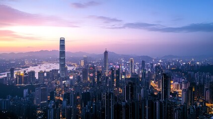 Obraz premium A panoramic view of a bustling city skyline at dusk, with tall skyscrapers illuminated against a backdrop of a darkening sky and twinkling lights.