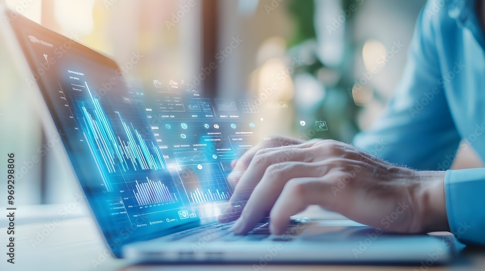 Poster businessman using laptop with data analytics & charts