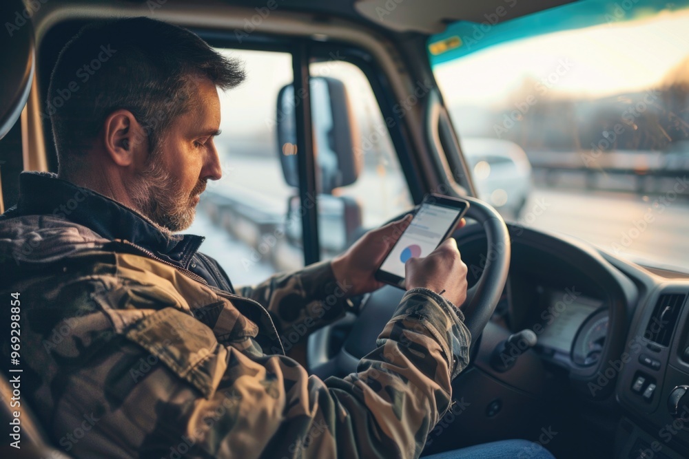 Poster Man operating a vehicle while on his mobile device, possibly checking directions or messages