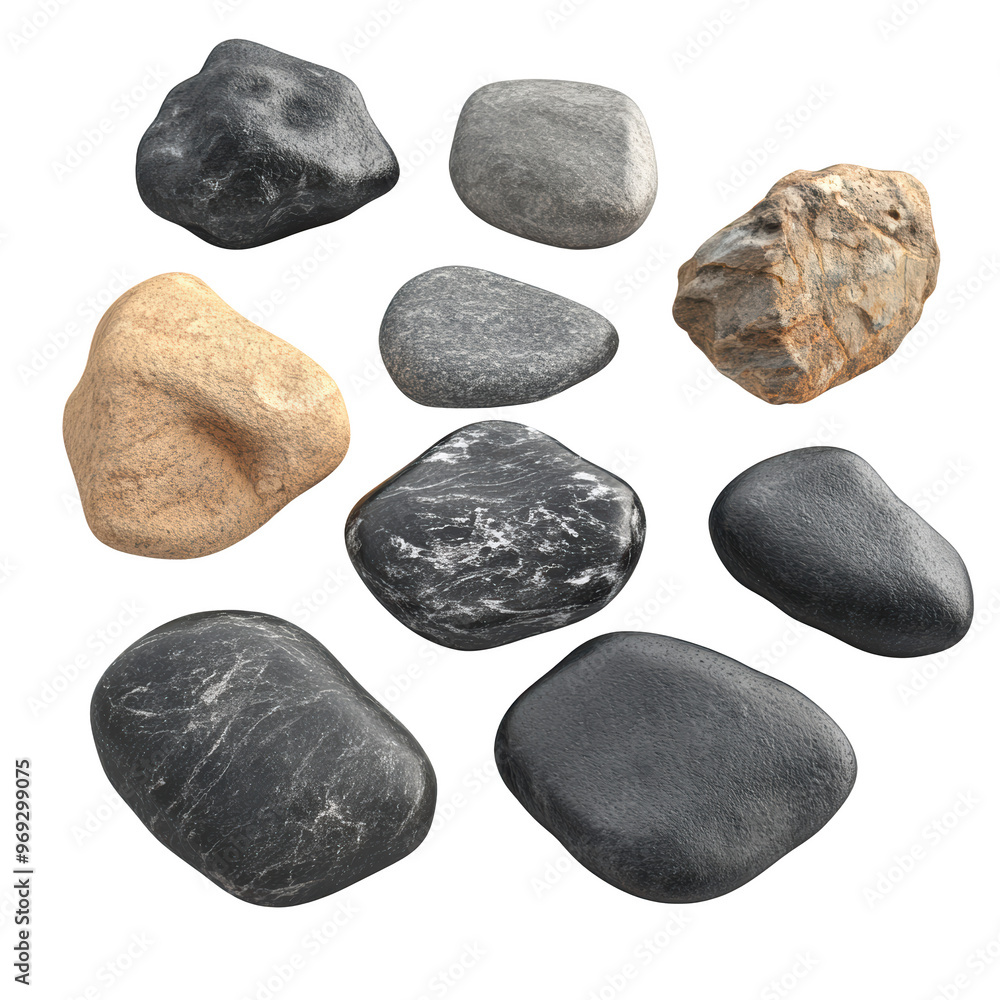 Aufkleber collection of smooth and textured rocks in various shapes and sizes on white background. perfect for