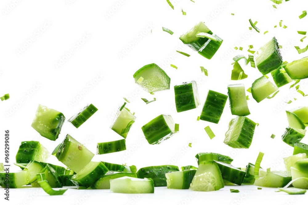 Poster A stack of thinly sliced cucumbers on top of crushed ice cubes, perfect for a refreshing snack or garnish