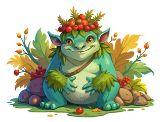 Fototapeta premium a whimsical, fantasy creature that resembles a small troll or goblin. It has a round, chubby body with teal-colored skin and a friendly, smiling face