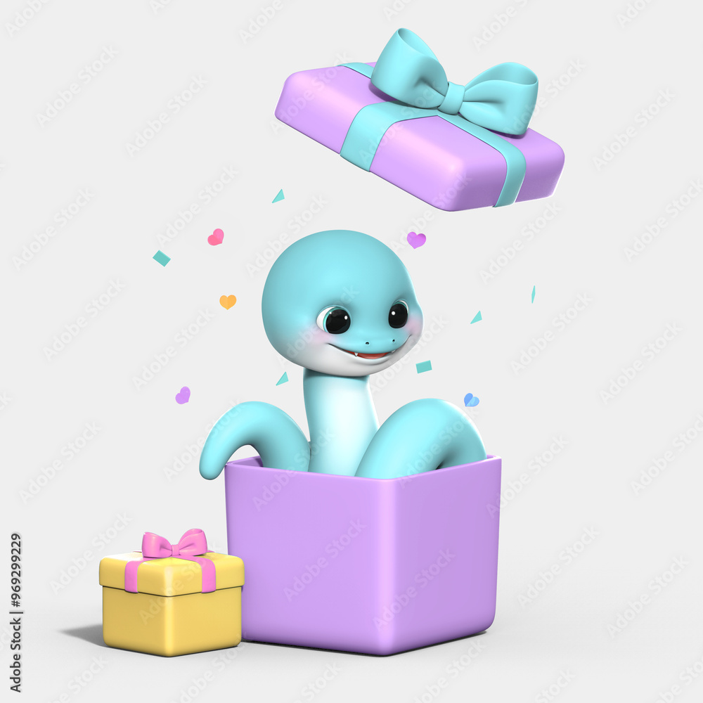 Fototapete 3d 렌더링 된 선물상자 뚜껑이 열리면서 을사년 푸름뱀의 캐릭터가 몸의 부드러운 곡선을 그리며 상자 밖으로 나와 호기심의 표정을 지으며 주위를 탐색하고 있습니다. 푸른뱀은 새로운 
