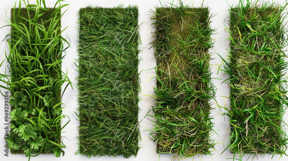 Poster a row of fresh green grass on a clean white surface, ideal for backgrounds and textures