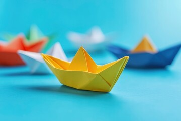 Leadership Concept with Paper Boats. Set of colorful origami ships on blue background. Business competition, Leadership concept with yellow paper ship leading among white with generative ai