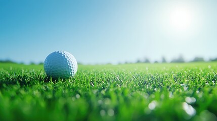 Dynamic image of a golf ball against a bright, well-maintained grassy field. Suitable for high-end golf promotions and sports photography.