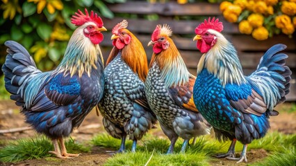 Fototapeta premium With their stunning plumage, Brahma chickens exhibit a diverse range of colors, including black, blue, buff, and white,
