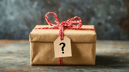 Wrapped gift with a question mark on the tag, symbolizing the mystery of Secret Santa, copy space for stock photo with minimal concept, No logo, No Trademark, No text