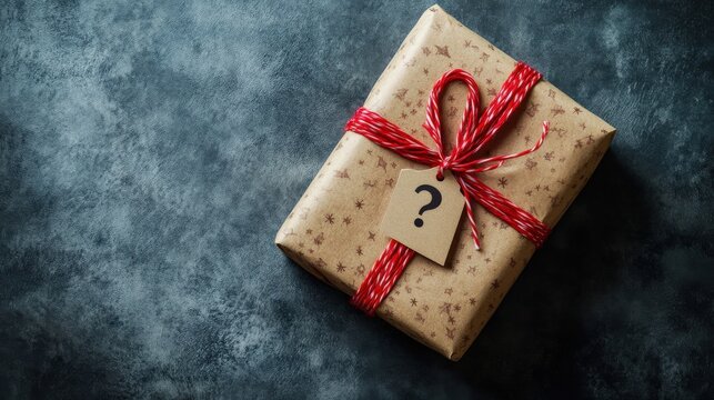 Wrapped gift with a question mark on the tag, symbolizing the mystery of Secret Santa, copy space for stock photo with minimal concept, No logo, No Trademark, No text