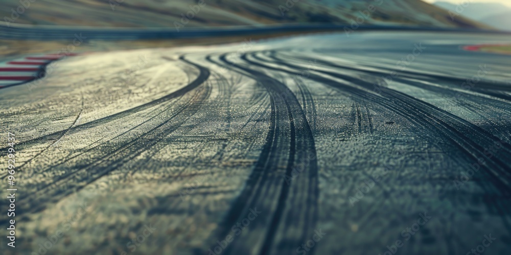Poster a detailed view of a single tire track on a road, with the surrounding asphalt and possibly some min