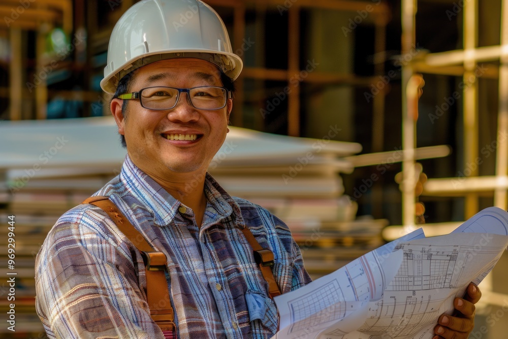 Poster a construction worker holds a blueprint and inspects the site