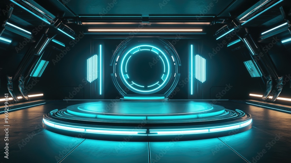 Aufkleber empty stage with a futuristic high-tech podium, glowing with 3d light effects, creating a perfect mo