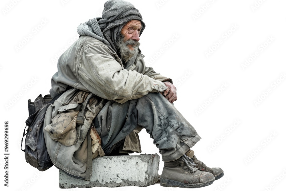 Poster a person sitting on top of a cement block in an urban setting