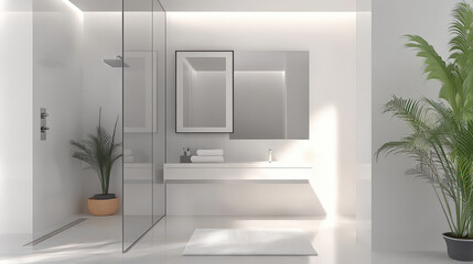 An empty, modern bathroom interior with a large window, showcasing clean lines and minimalist design