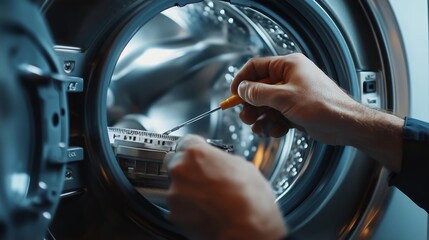 A technician repairs a washing machine in a bright laundry room using a screwdriver in the early morning light