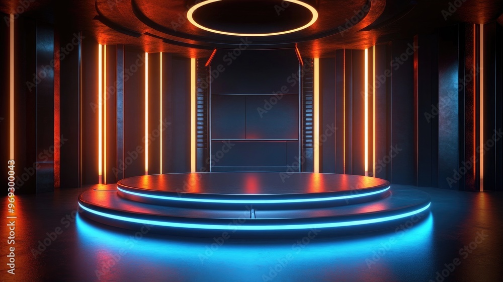 Poster empty stage with a futuristic high-tech podium, glowing with 3d light effects, creating a perfect mo