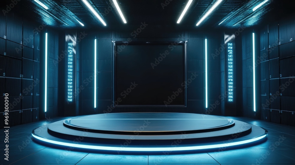 Aufkleber empty stage with a futuristic high-tech podium, glowing with 3d light effects, creating a perfect mo