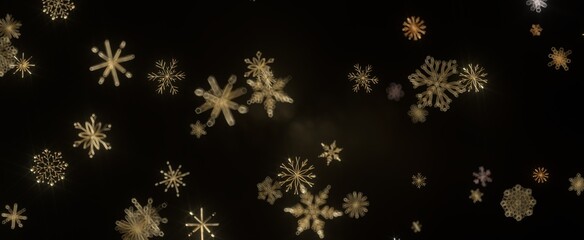 Golden snowflakes falling on a black background A magical winter scene