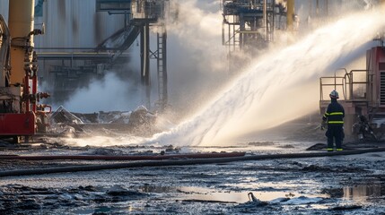 Disaster Strikes: Fire Suppression Malfunction in Industrial Zone - Foam Leaking from Damaged Nozzles, Abandoned Broken Equipment, Empty Workplace