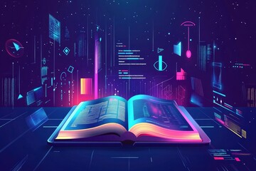 Learn online book in digital futuristic style. Infographics and book, the concept of new technologies in e-education or e-book. with generative ai