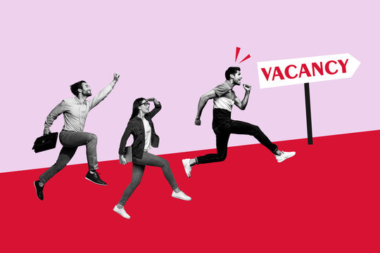 Trend artwork sketch image photo collage of vacancy candidate new job work worker young man lady run competition recruiter human resources