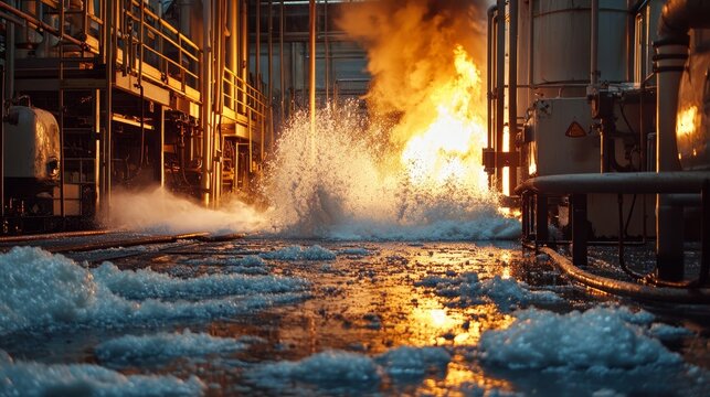 Industrial Fire Suppression System Malfunction with Foam Spraying, Damaged Equipment, and Empty Workplace