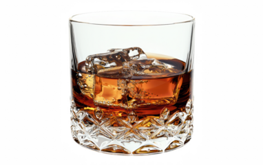 Close-up image of a glass tumbler with two ice cubes and a rich amber alcoholic beverage against a white background, showcasing elegant etching.
