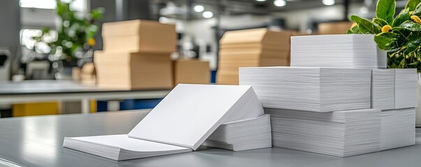 Modern print shop with soy-based inks and recycled paper stacks, clean lines, neutral grays, eco-friendly printing processes, sustainable design