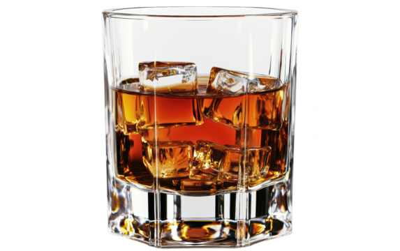 A crystal-clear glass filled with rich, amber-colored whiskey and ice cubes against a white background. Perfect for beverage or bar-related content.