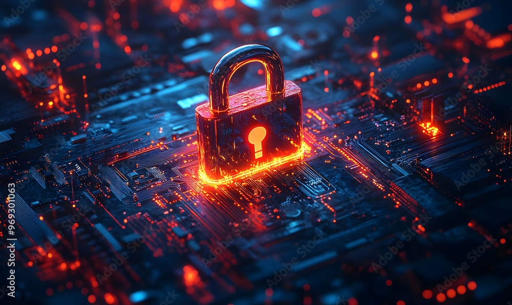 Poster a futuristic digital lock on a glowing circuit board, symbolizing cybersecurity and data protection 