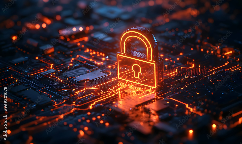 Poster a glowing digital lock symbol on a circuit board, representing cybersecurity and data protection in 