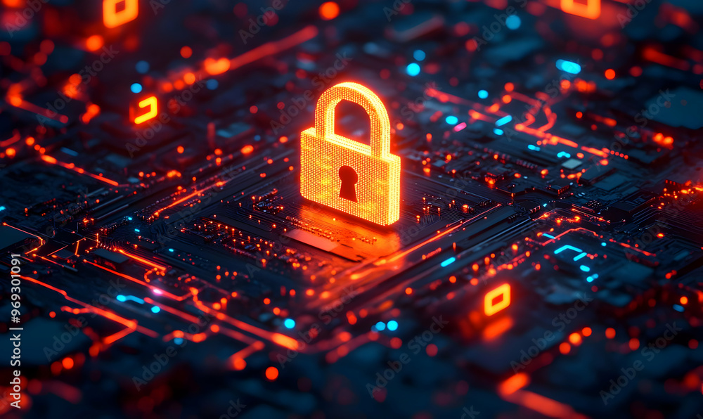 Poster digital lock icon on vibrant circuit board, representing cybersecurity and protection of data in mod