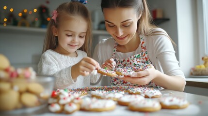 Fototapeta premium Mother and child decorating cookies with sprinkles and icing, festive kitchen scene, copy space for stock photo with minimal concept, No logo, No Trademark, No text