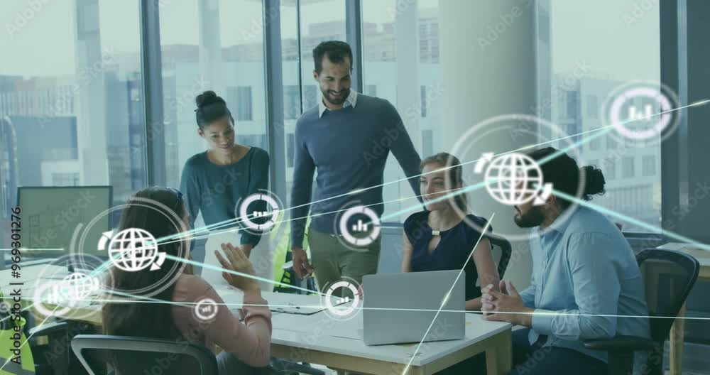 Poster animation of network of connections with icons over diverse colleagues using laptop in office