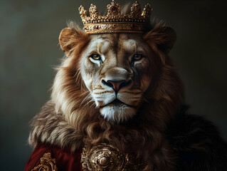 Majestic lion wearing a golden crown, exuding royal elegance and strength, perfect for wildlife and nature-themed projects.