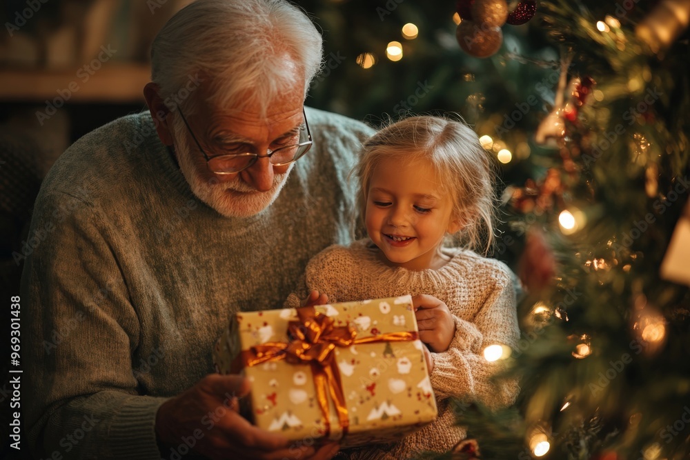 Wall mural grandparents giving gifts to grandchildren under the christmas tree, warm family moment during holid