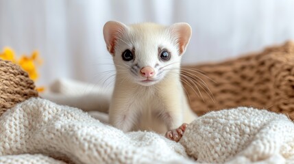 A curious ferret sits nestled in soft textures, gazing playfully around its cozy space