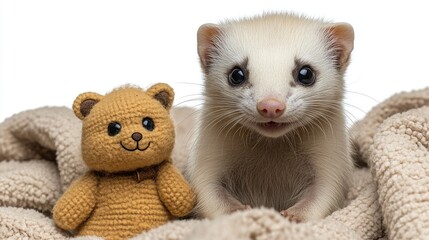 Fototapeta premium A playful ferret looks curiously at an adorable teddy bear while nestled on warm fabric