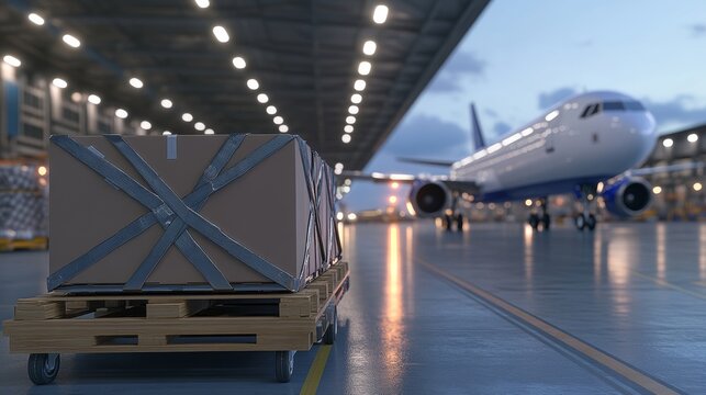 Cargo pallet in airport hangar with airplane in background.