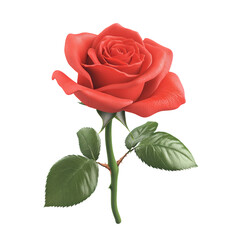 Fototapeta premium A beautiful red rose with lush green leaves on a white background, perfect for romantic, floral, and nature-themed projects.