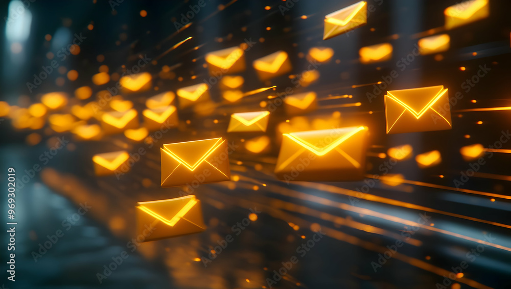 Poster a dynamic representation of digital communication, showcasing glowing envelopes in motion, symbolizi
