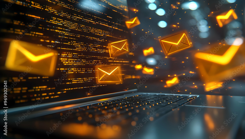Aufkleber digital representation of email communication with glowing envelopes emerging from a laptop, symboli