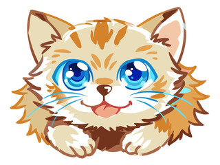 Fototapeta premium a cute cartoon illustration of a fluffy kitten. The kitten has large, bright blue eyes and a small pink tongue sticking out, giving it an adorable and playful expression