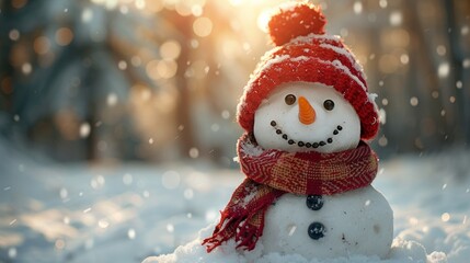 Fototapeta premium Smiling Snowman with Red Hat and Scarf in Snowy Winter Wonderland, Holiday Magic and Christmas Cheer, with copy space