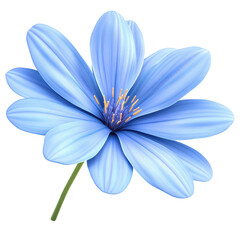 Fototapeta premium A close-up image of a single, delicate blue flower with intricate petals and a green stem, isolated on a white background.