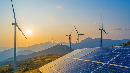A photo of solar panels and wind turbines against the backdrop of mountains, with sunlight shining on them. The scene is set during sunset or sunrise, detail.